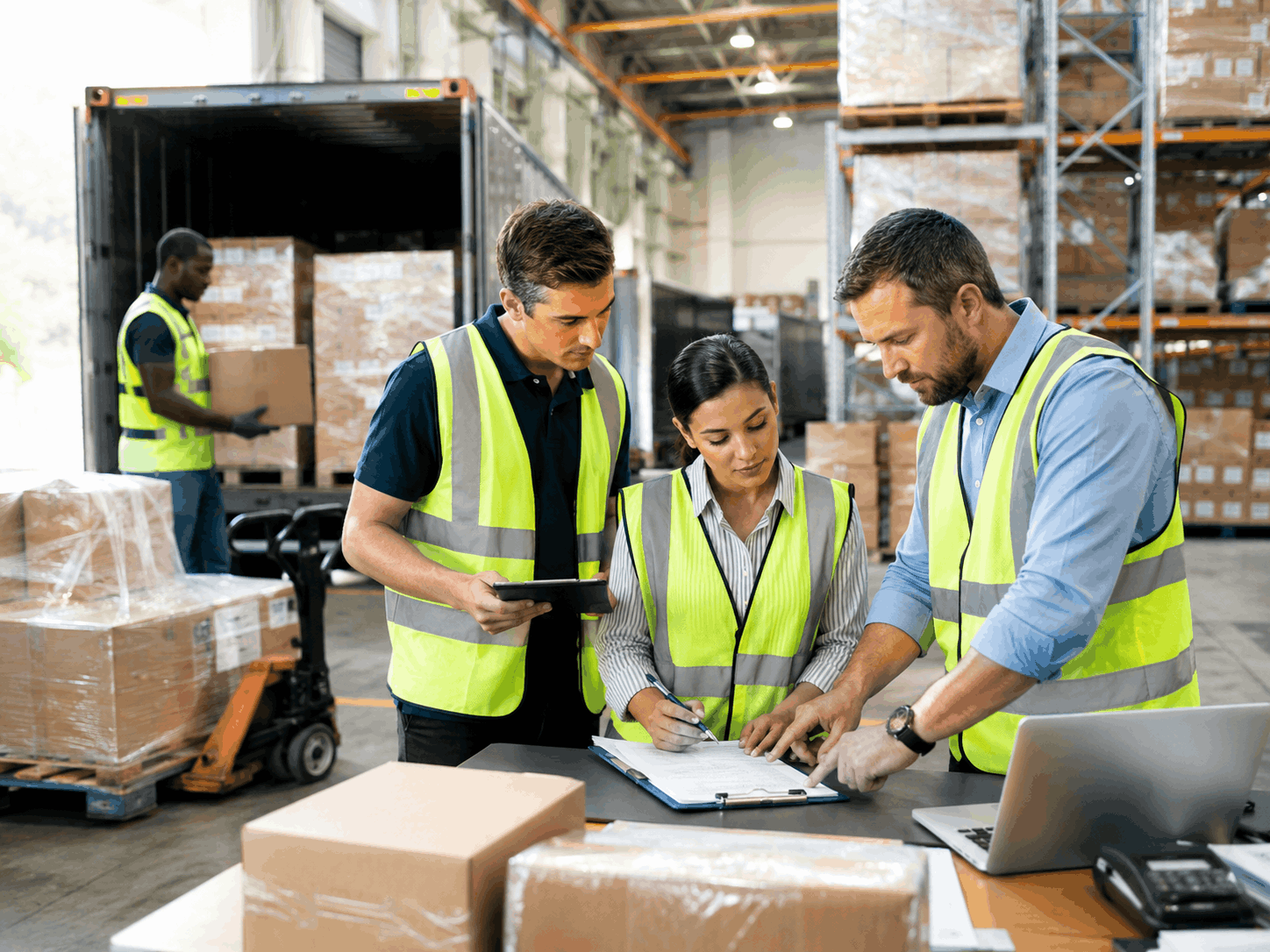 Logistics team receiving cargo and preparing shipment documents.